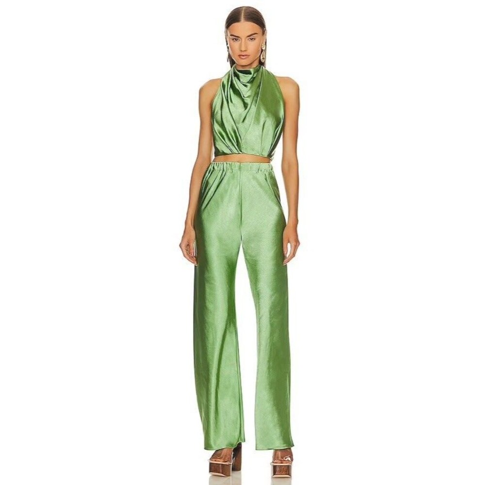 Cult Gaia Stacie Pant Size‎ M Green Meadow Satin Elastic Waist Straight Leg $458